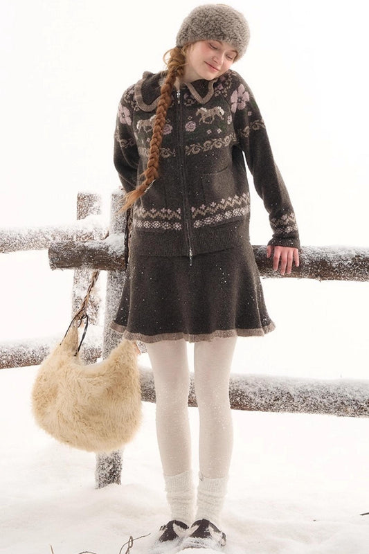 ポニーデザインジップニットトップス+ニットスカート