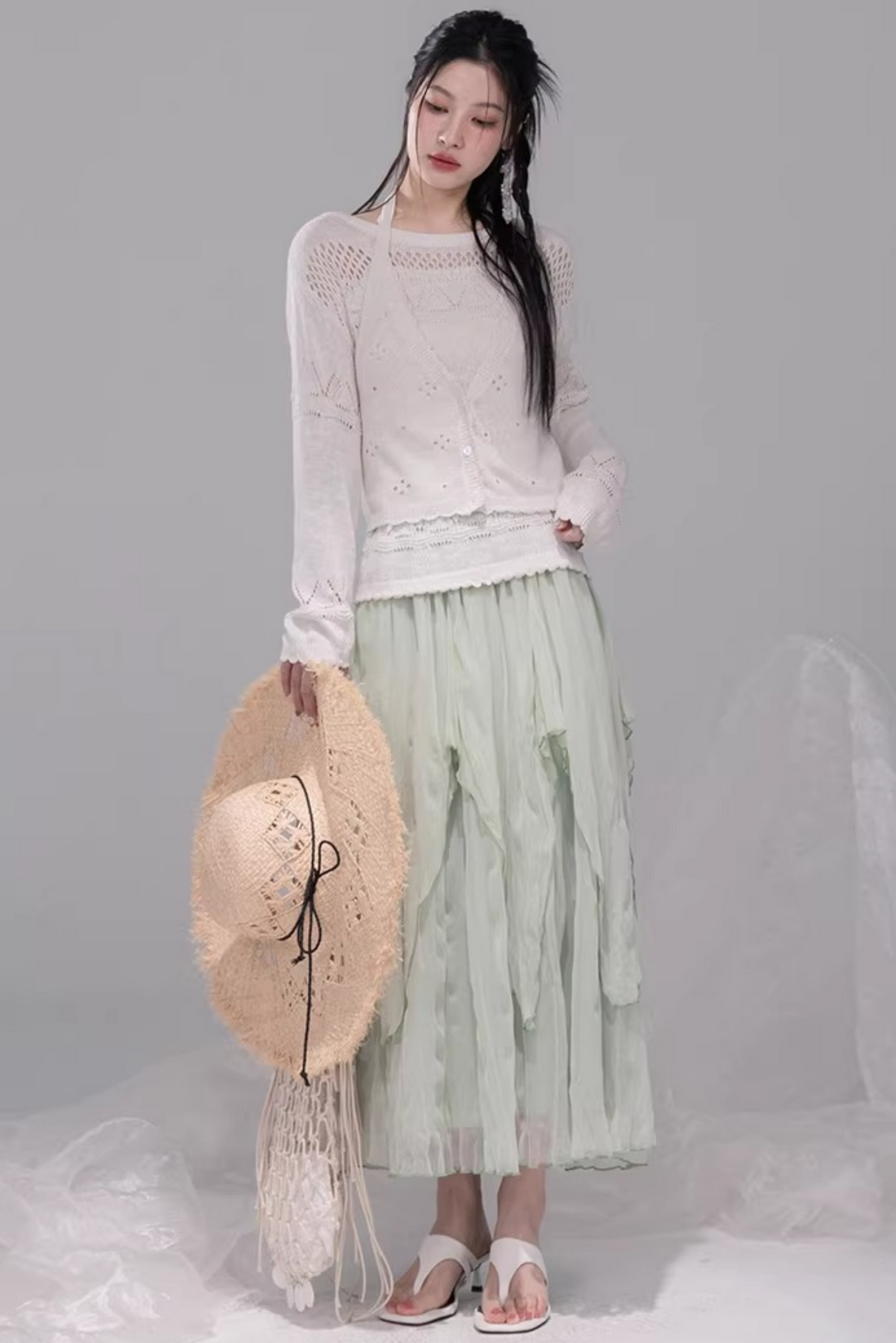 クロシェホルターネックベスト+シアートップス