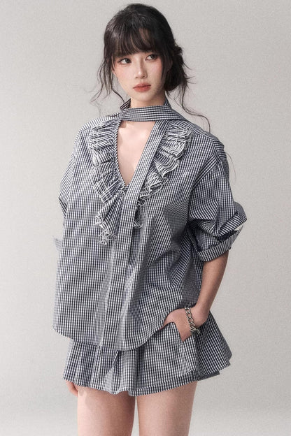 Blue Plaid Lace Blouse + Skirt