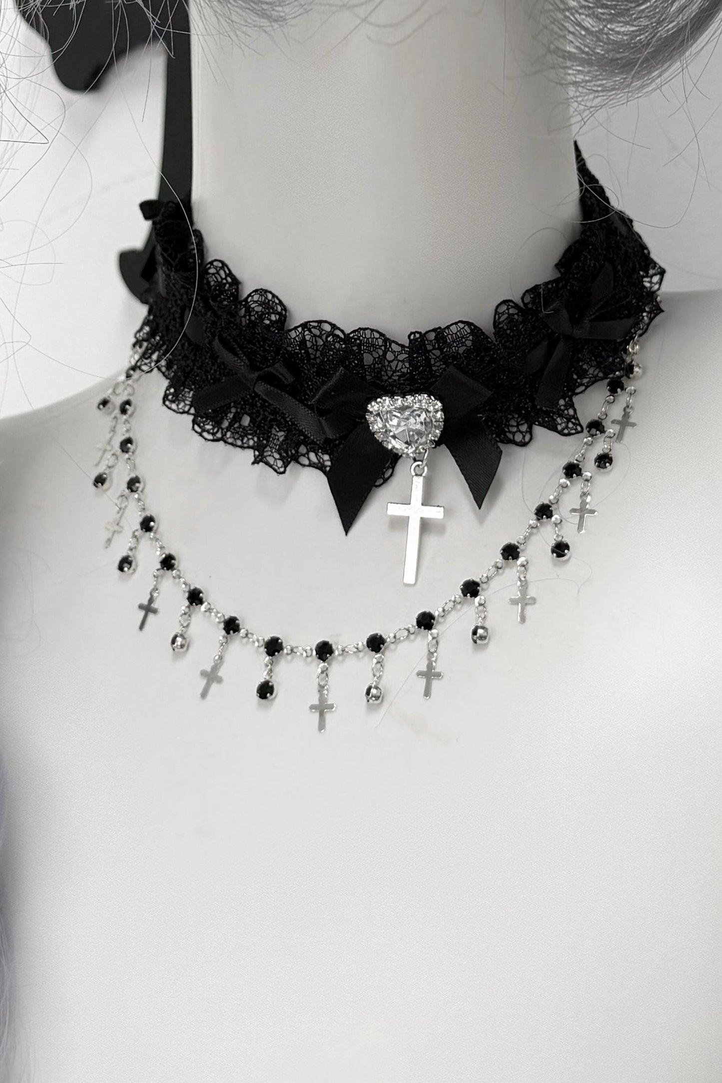 Lace Rhinestone Cross Heart Choker