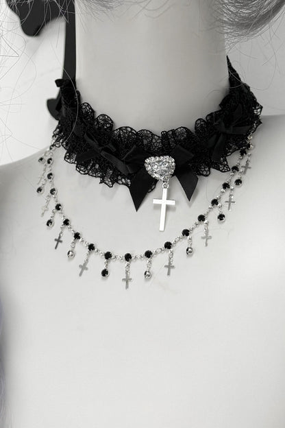 Lace Rhinestone Cross Heart Choker