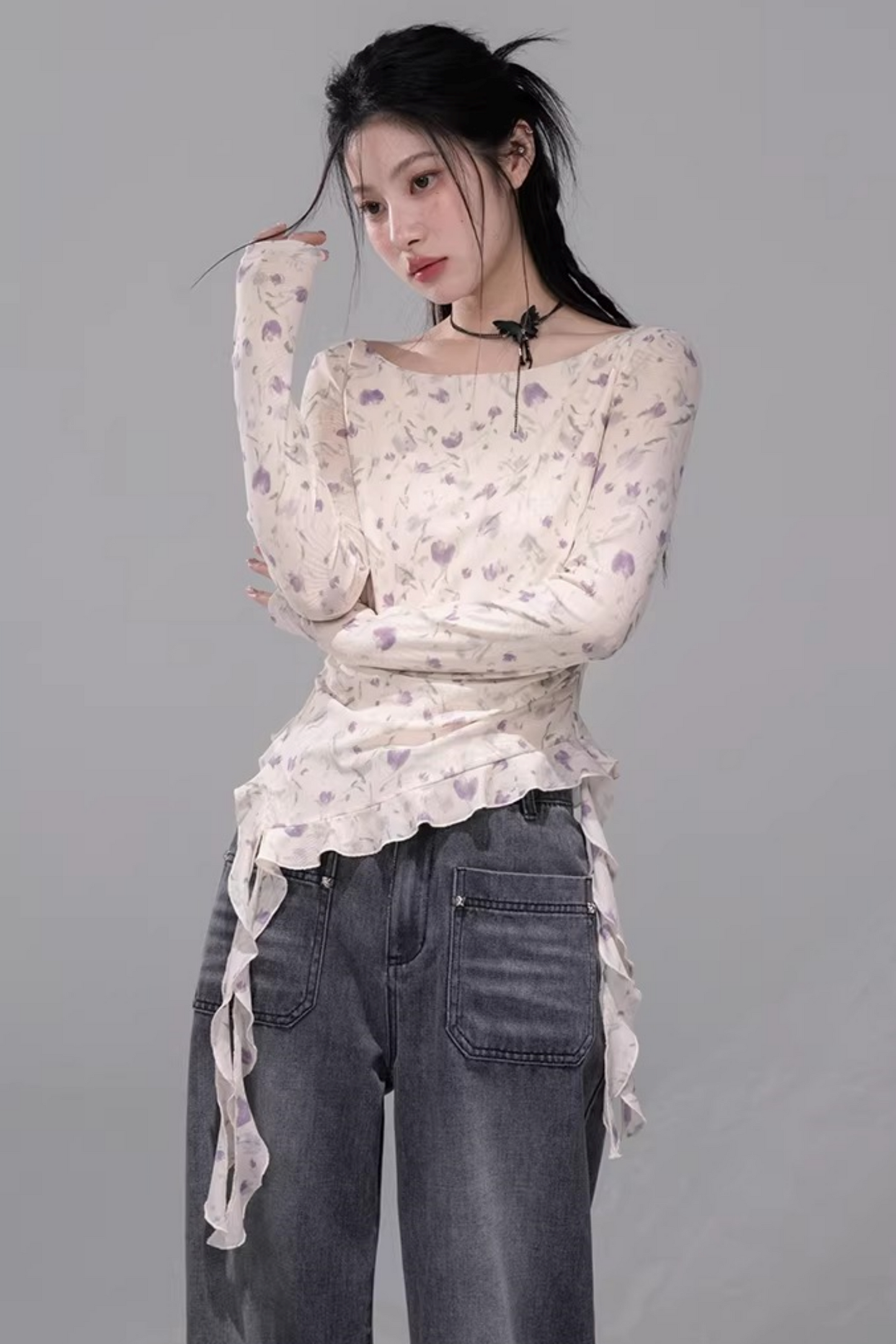 シアーアシメフローラルトップス