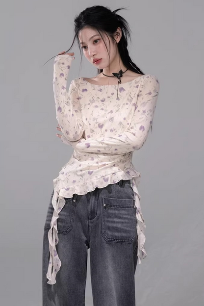 シアーアシメフローラルトップス