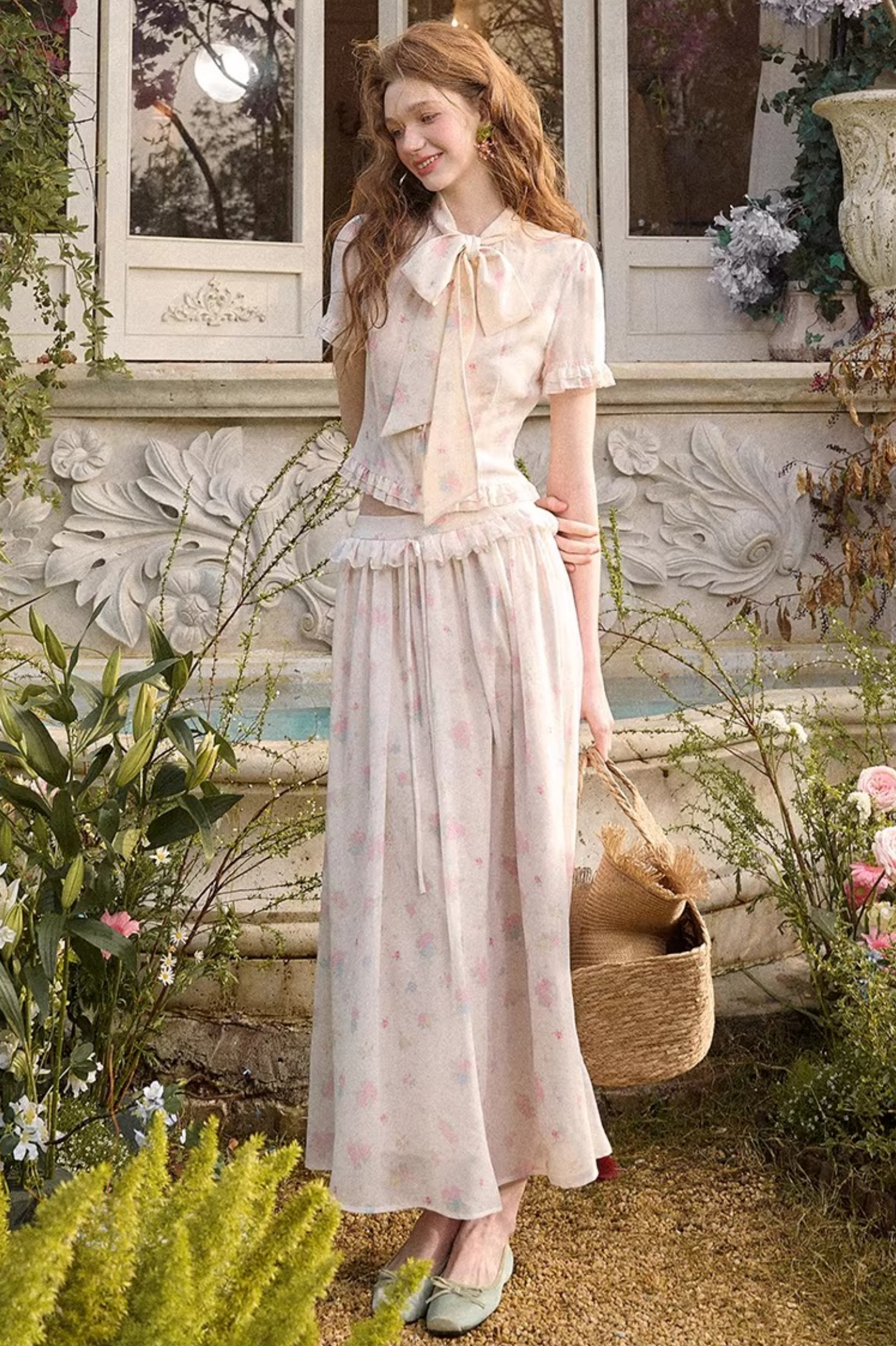 メディテラニアンプリントシフォントップス+スカート