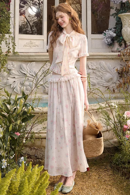 メディテラニアンプリントシフォントップス+スカート