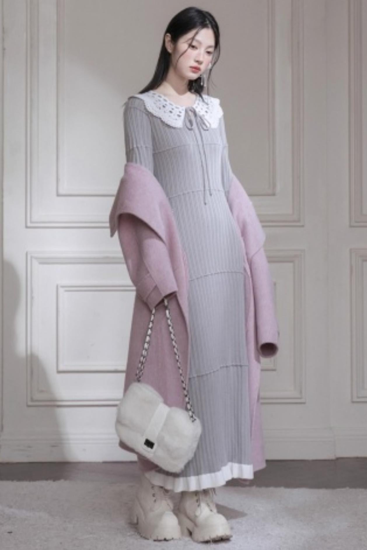 スーチュアンミストグレイフリルロングドレス