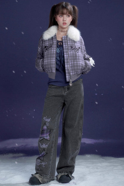 Purple Check Fur Collar Jacket