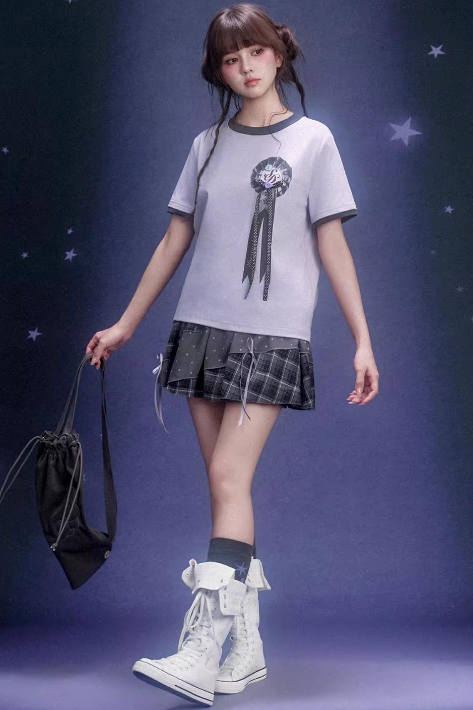 灰色格紋拼接褲裙