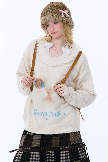 Retro Cat Plush Collar Sweater