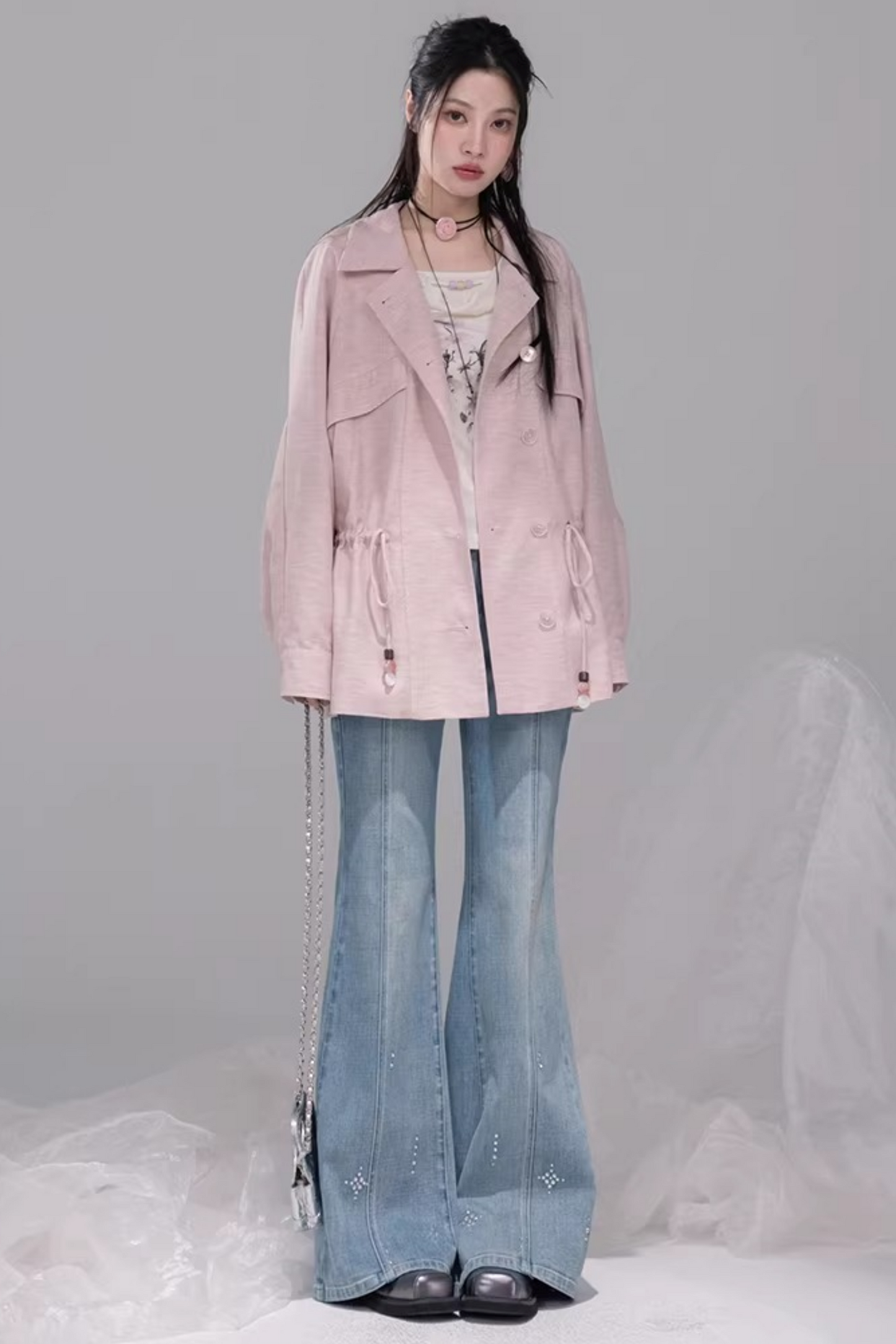 スターレイトブルーラインストーンフレアデニムパンツ