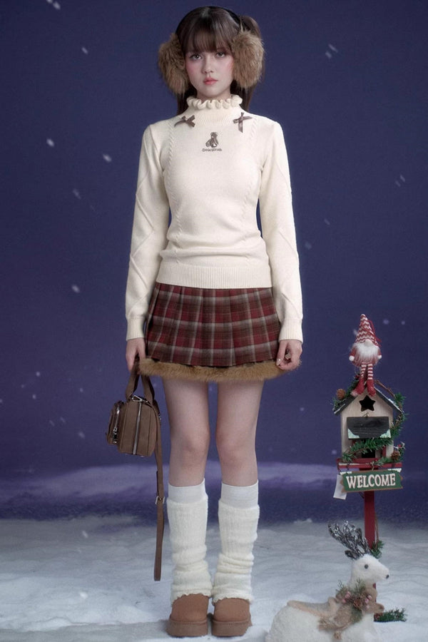 Check Fur Skirt + High Neck Top + Duffle Fur Coat