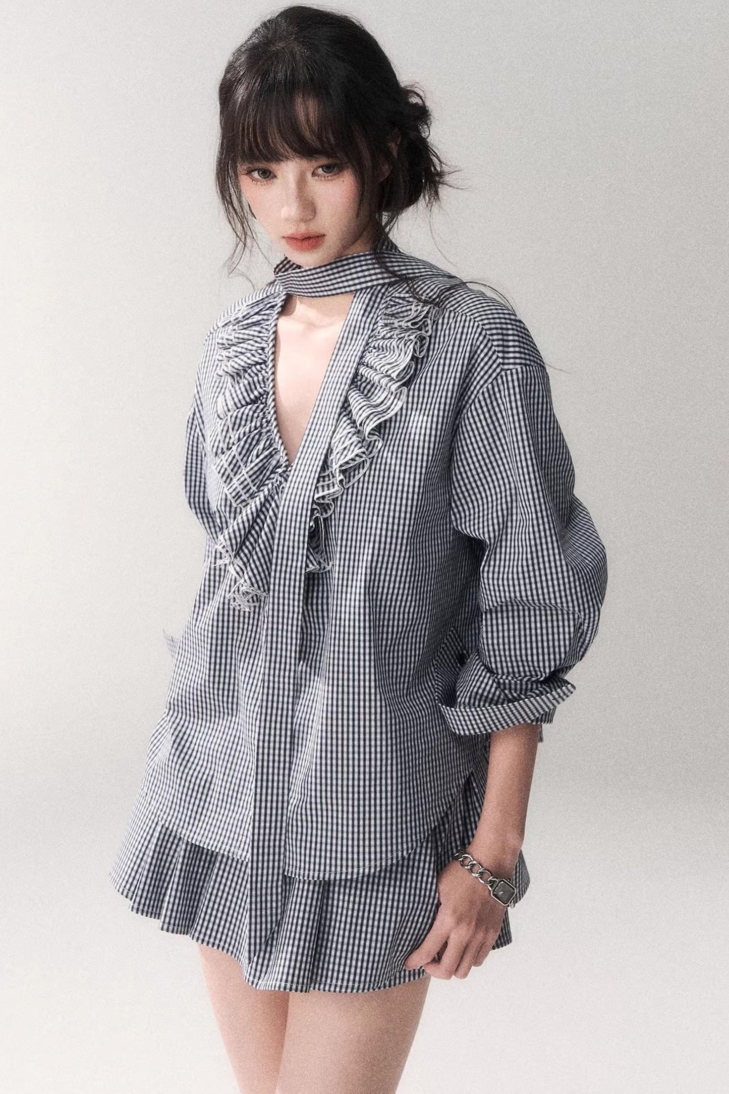 Blue Plaid Lace Blouse + Skirt