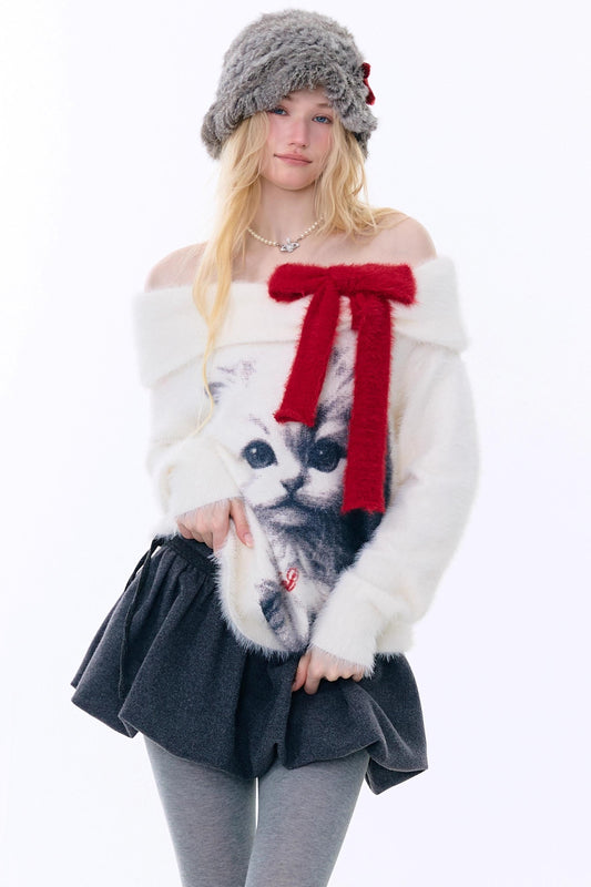 Cat print off-the-shoulder sweater