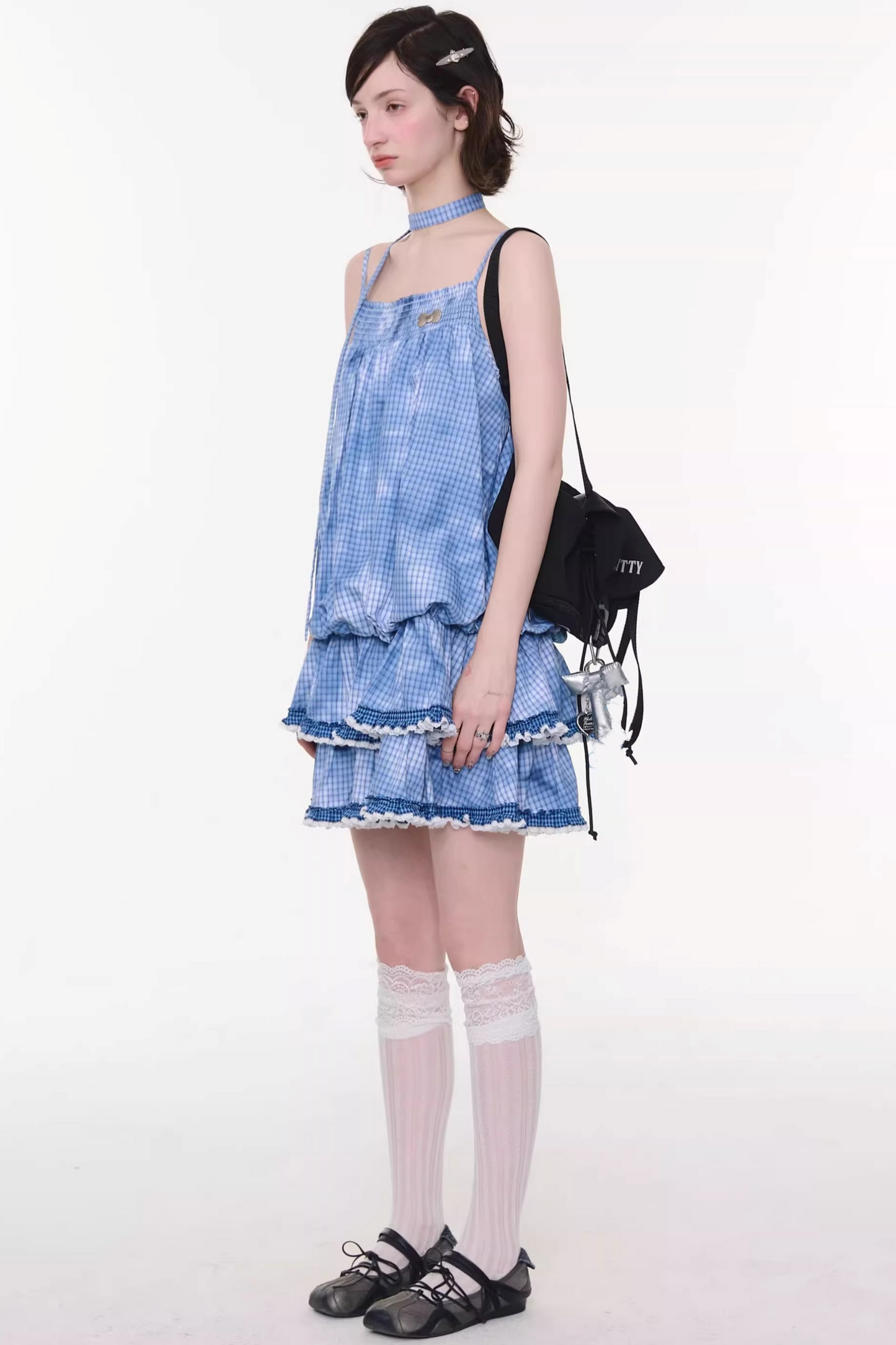 扎染蓝色格子蕾丝连衣裙