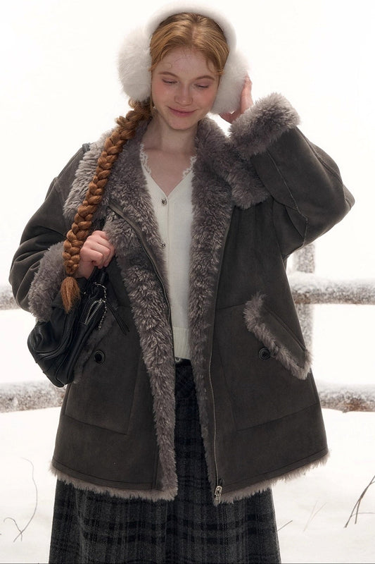 Reversible suede stand collar fur coat