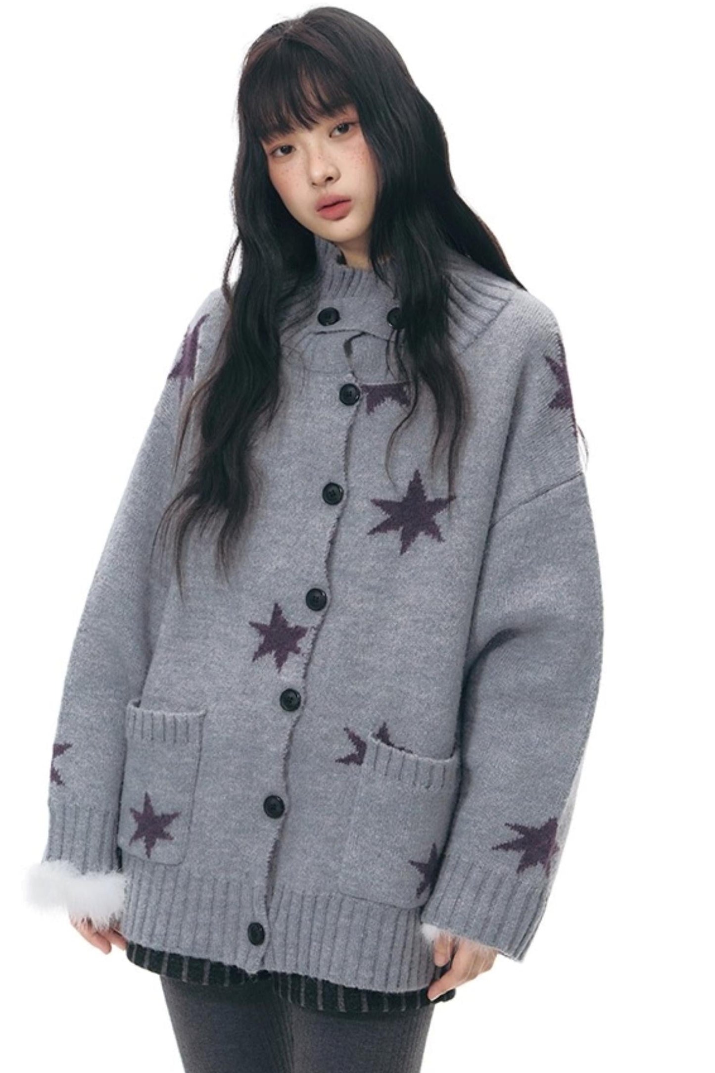Reversible Star Cardigan + Fur Ball Hooded Scarf