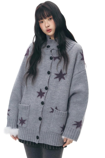 Reversible Star Cardigan + Fur Ball Hooded Scarf