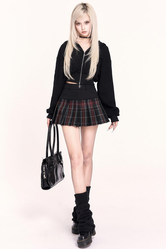 Check Patchwork Pleated Skirt