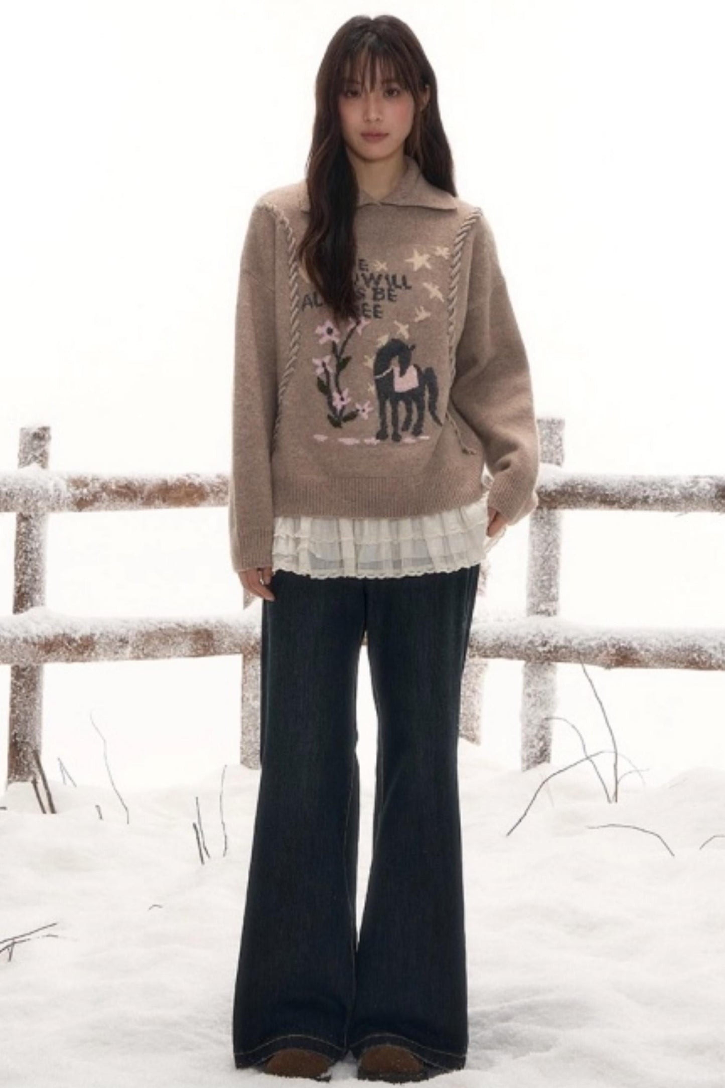 Pony Lapel Collar Knit Top