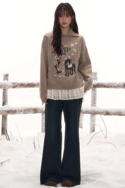 Pony Lapel Collar Knit Top