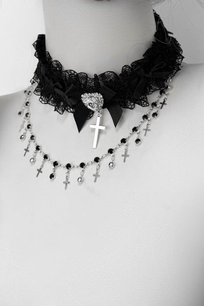 Lace Rhinestone Cross Heart Choker