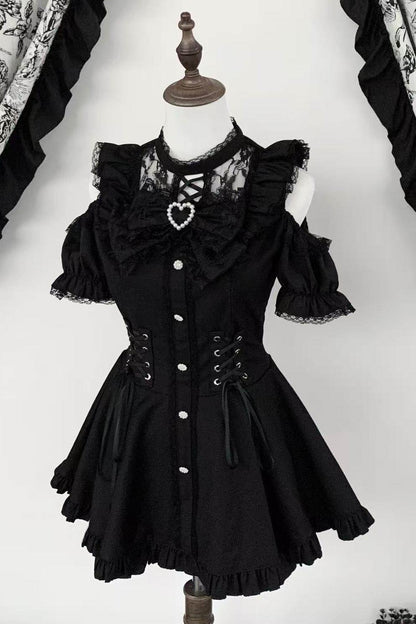 ブラック/ストライプゴシックレースリボンドレスセットアップ