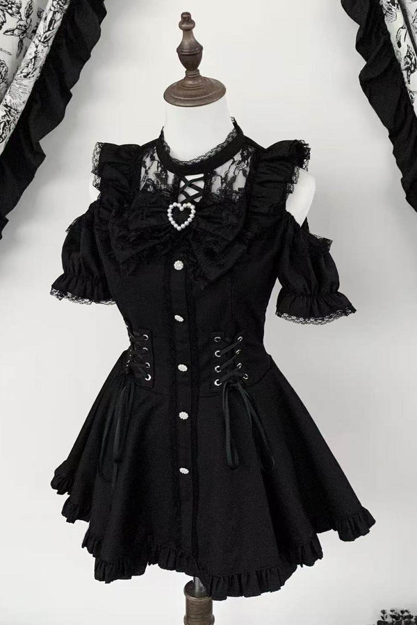 ブラック/ストライプゴシックレースリボンドレスセットアップ