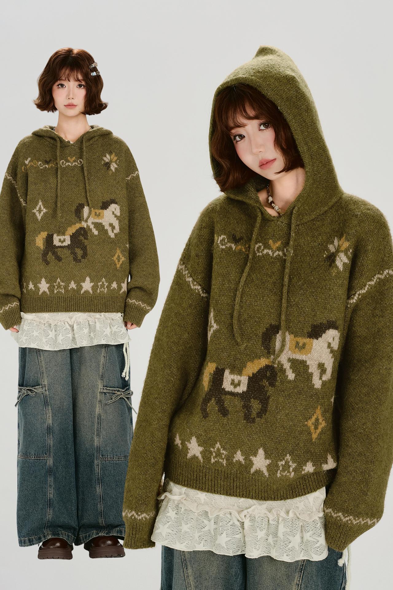 Retro Jacquard Hoodie Top