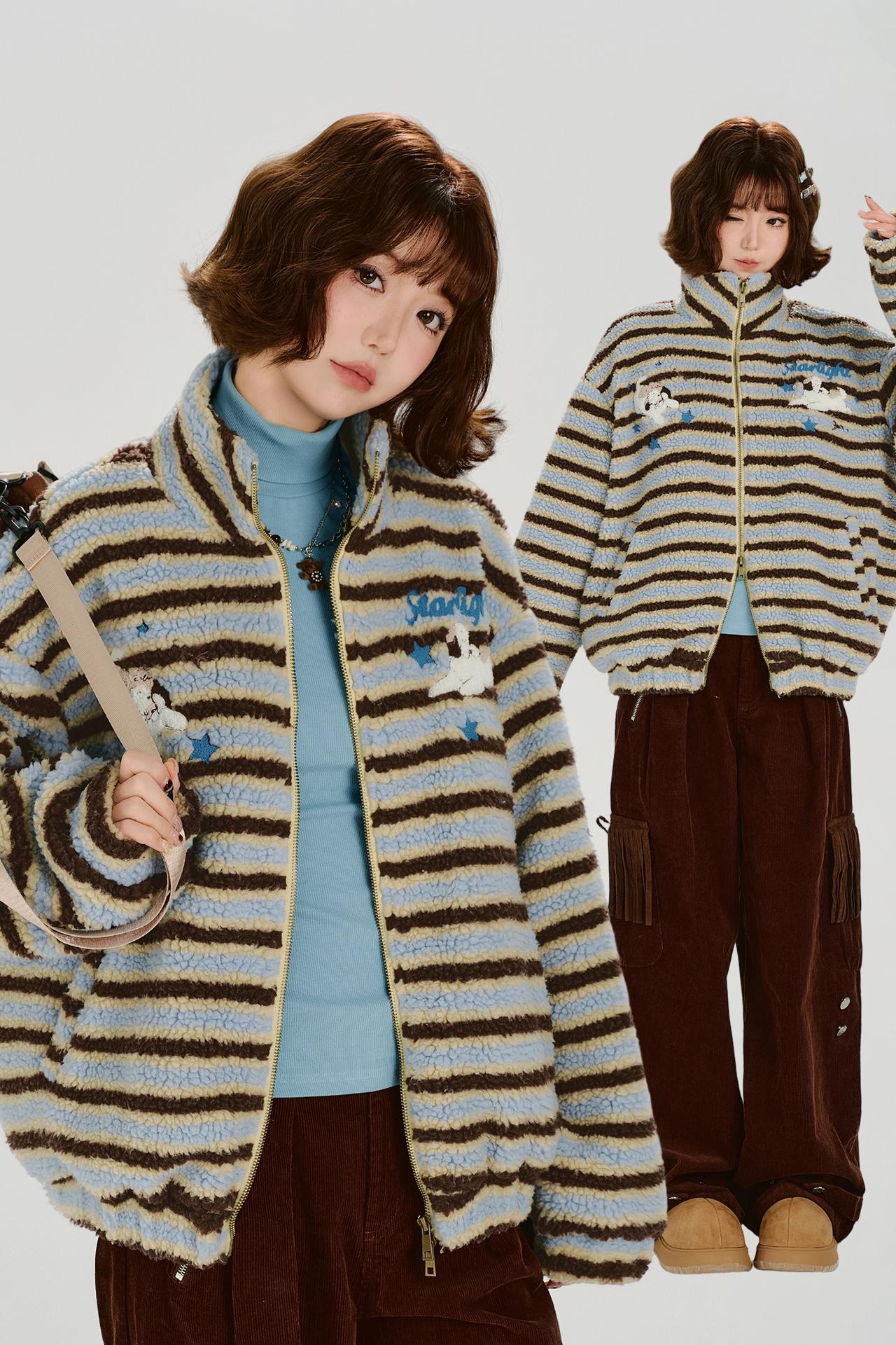 Retro Striped Plush Coat