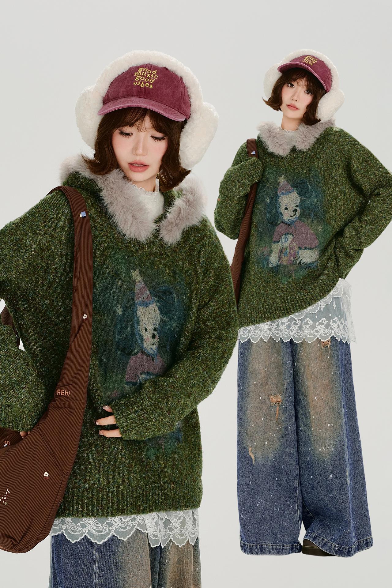 Retro Fur Collar Hoodie Sweater