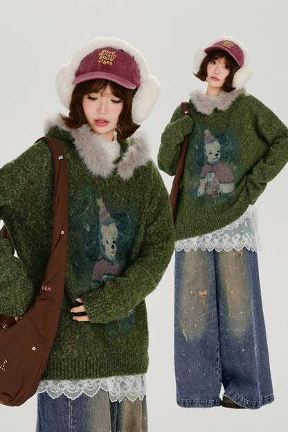 Retro Fur Collar Hoodie Sweater