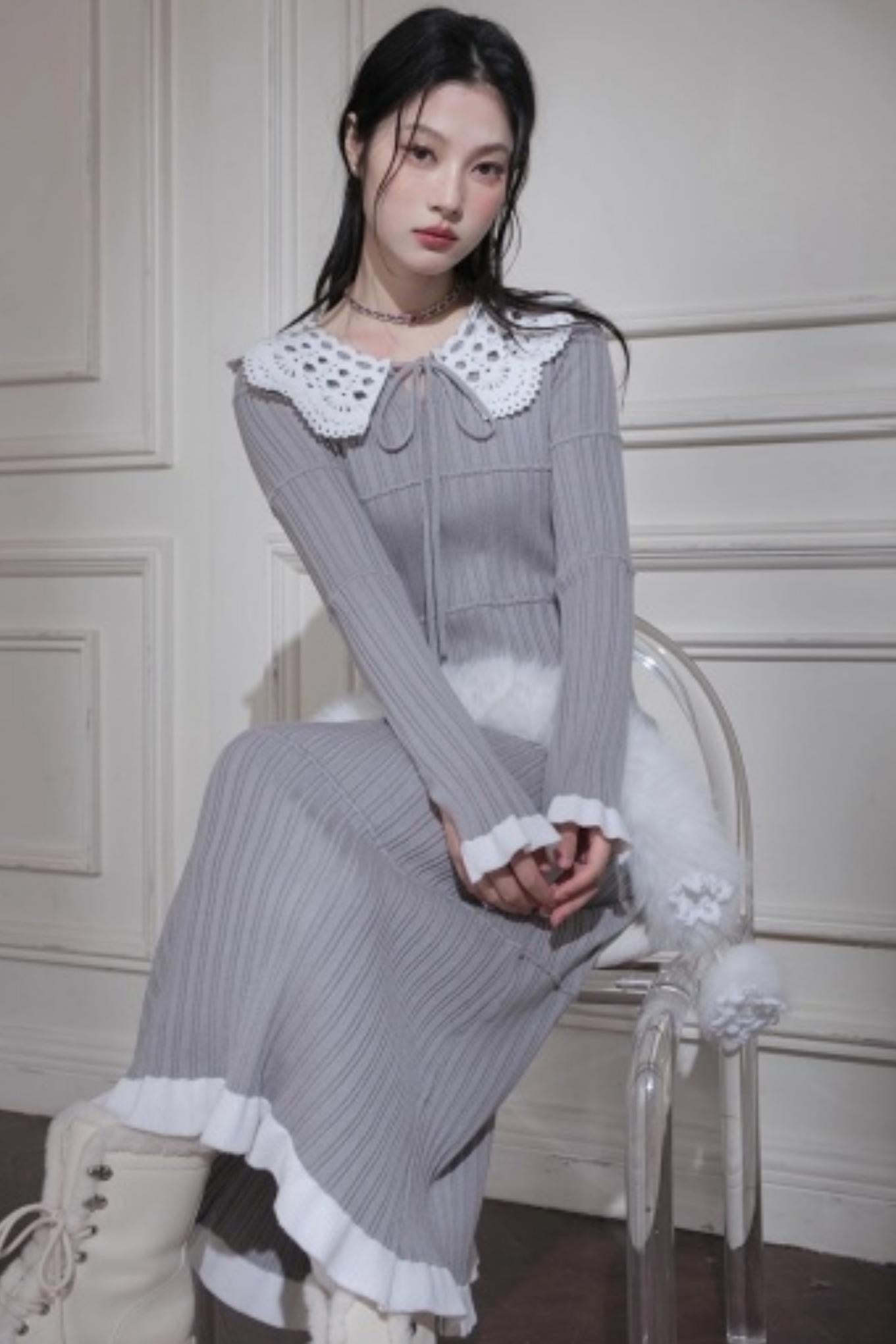 スーチュアンミストグレイフリルロングドレス