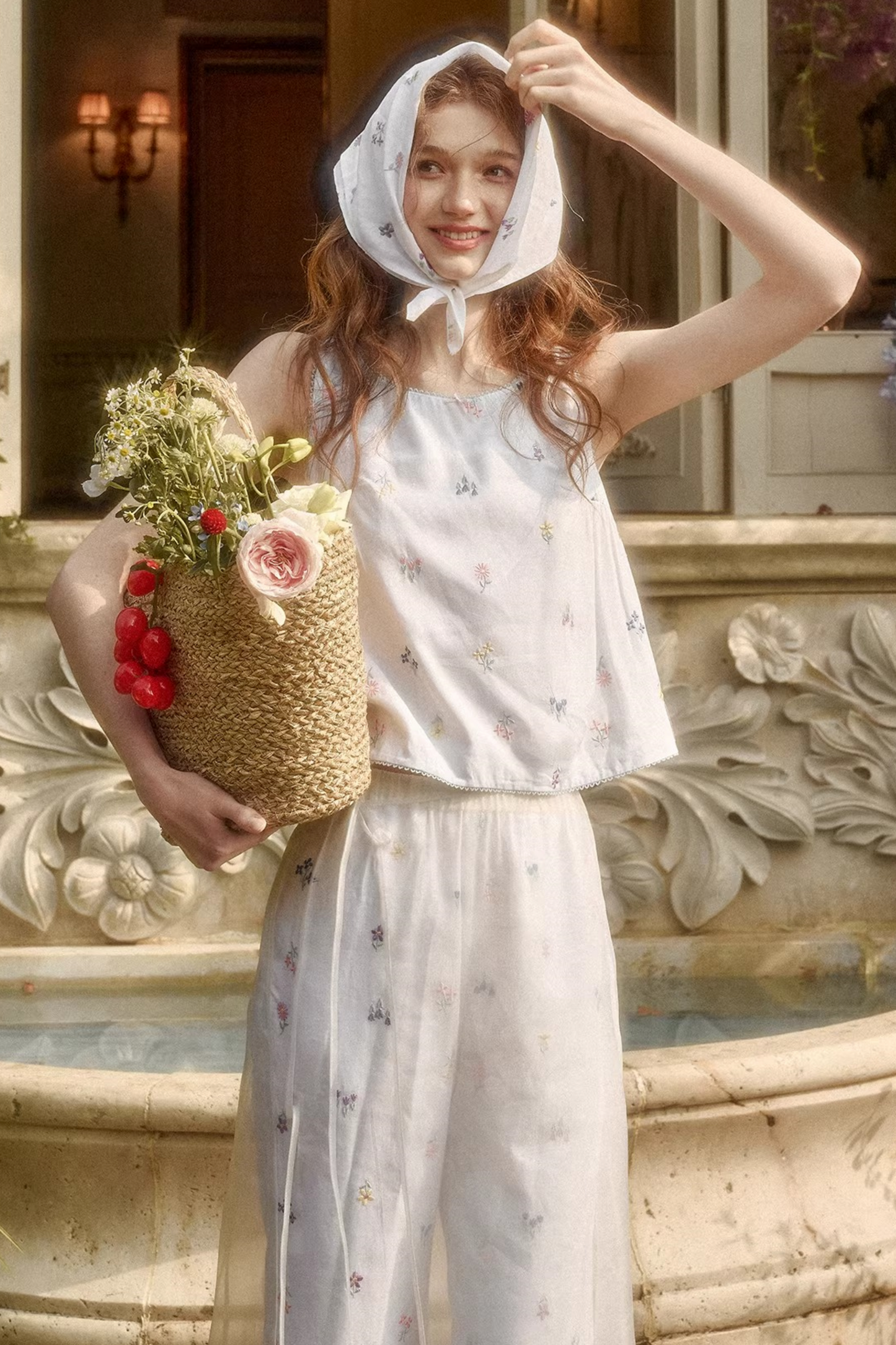 レトロフラワードレス+トップス+パンツ+カーテン+スカーフ