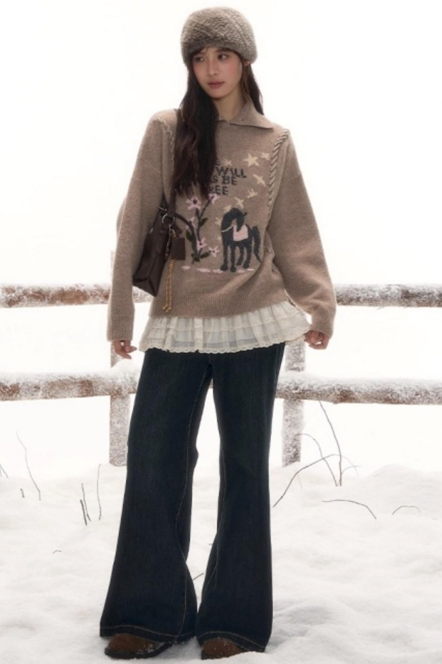 Pony Lapel Collar Knit Top