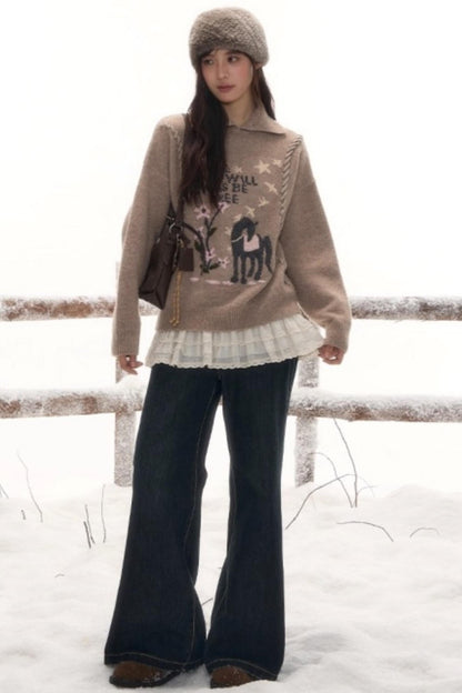 Pony Lapel Collar Knit Top