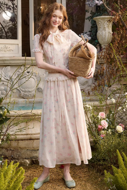 メディテラニアンプリントシフォントップス+スカート