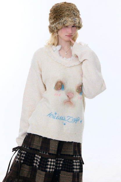 Retro Cat Plush Collar Sweater