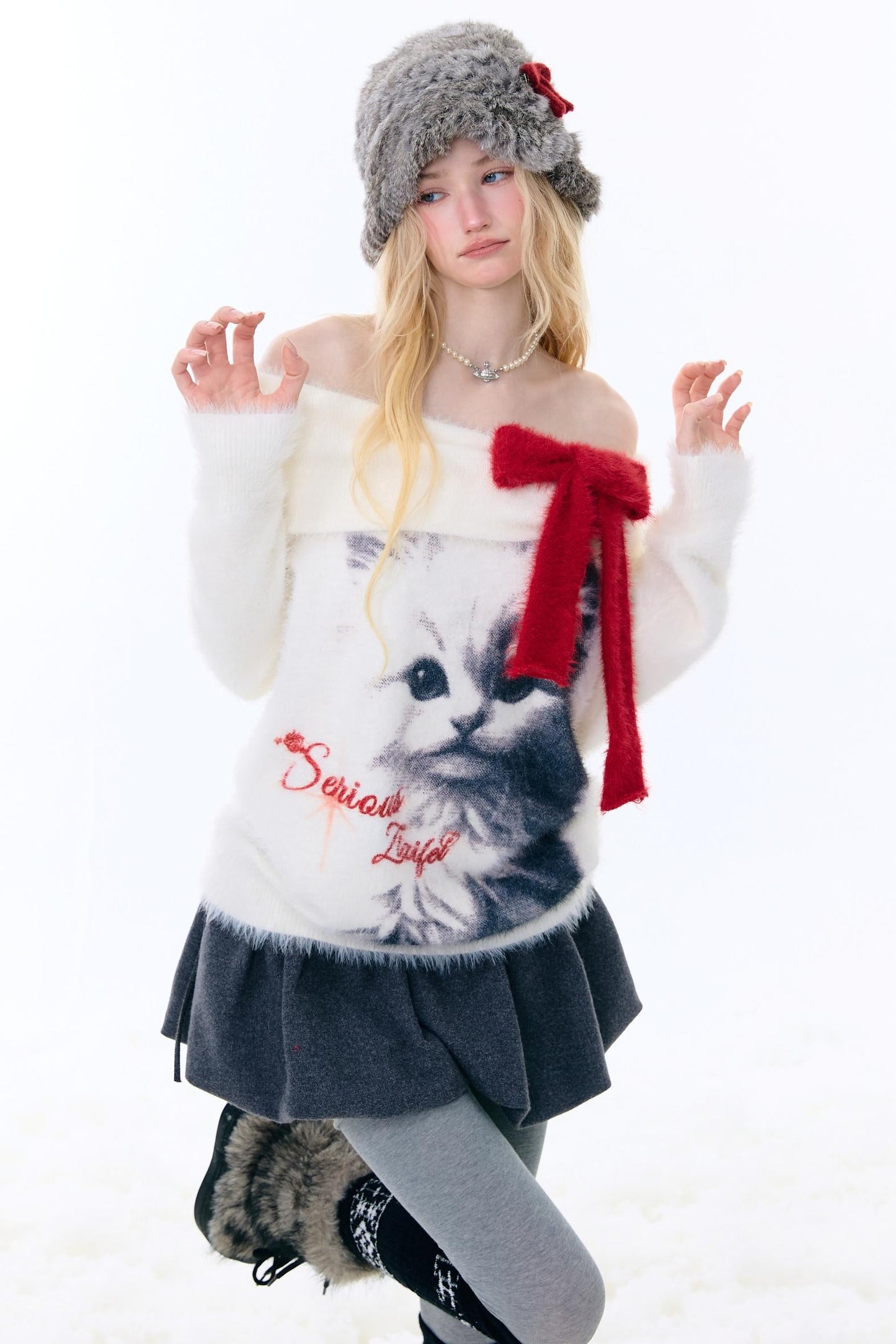 Cat print off-the-shoulder sweater