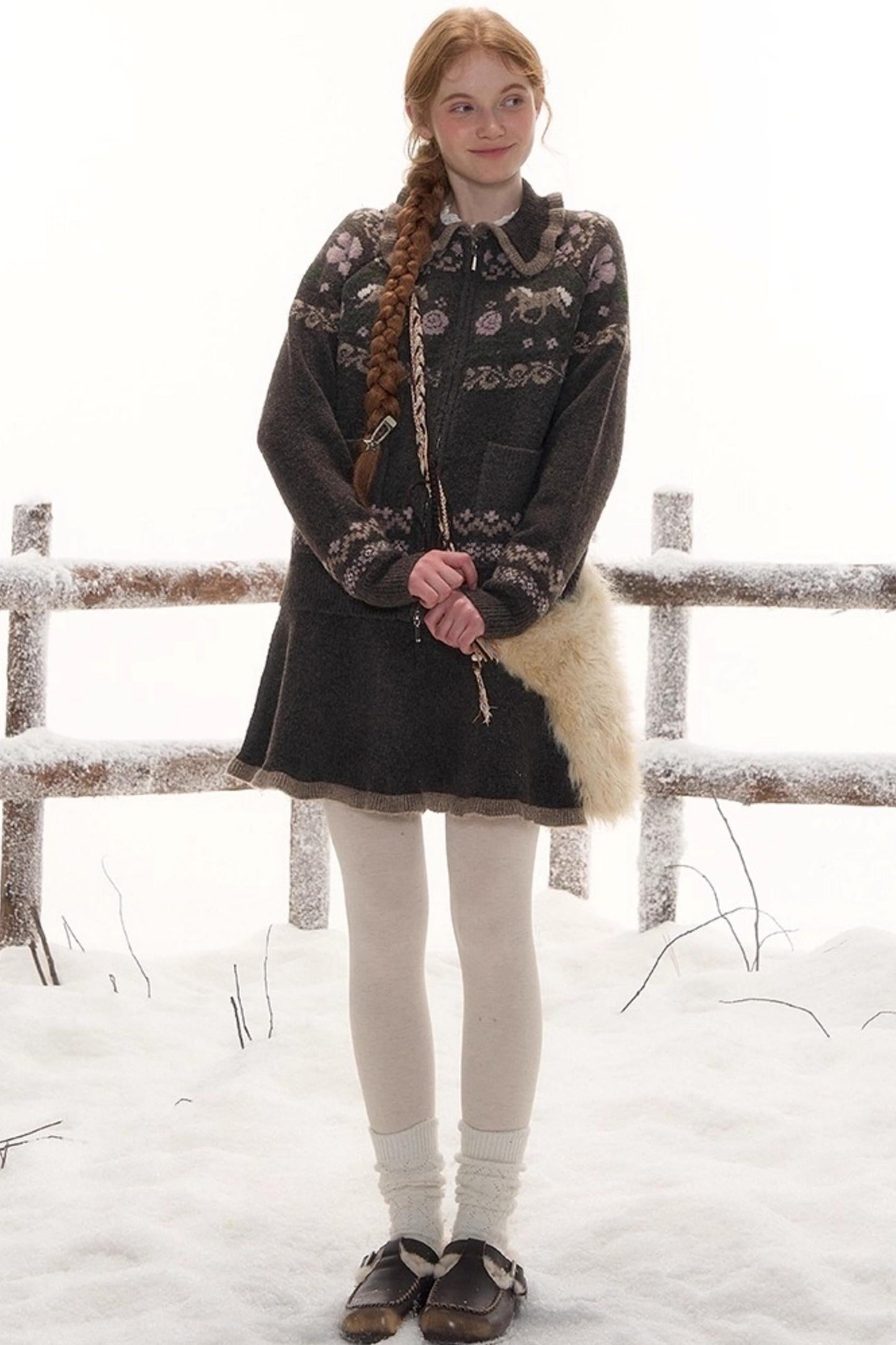 ポニーデザインジップニットトップス+ニットスカート