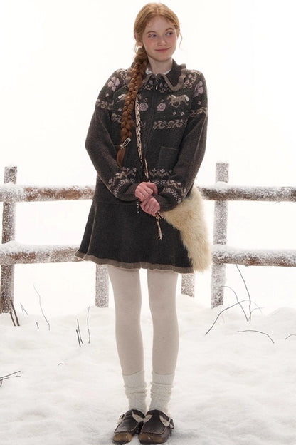 ポニーデザインジップニットトップス+ニットスカート