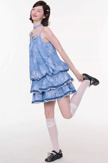 扎染蓝色格子蕾丝连衣裙