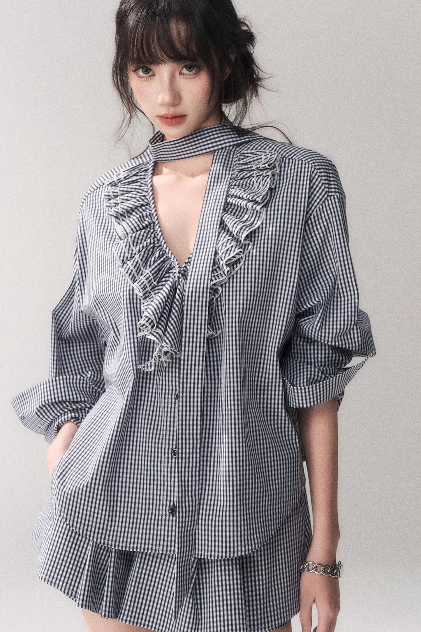 Blue Plaid Lace Blouse + Skirt