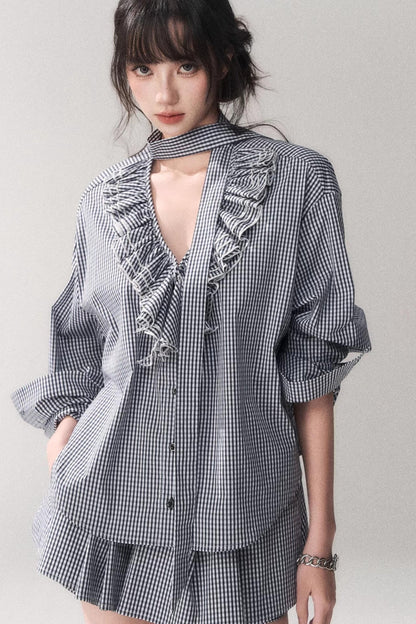 Blue Plaid Lace Blouse + Skirt