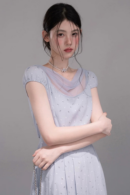 ミストブルーシアードレープネックカラーフローラルロマンティックドレス