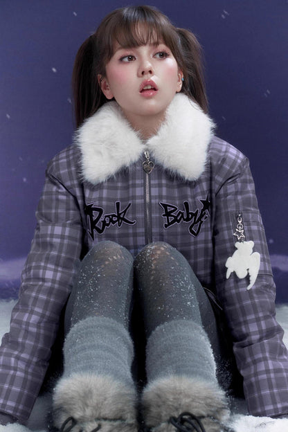 パープルチェックファーコラージャケット