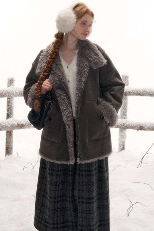 Reversible suede stand collar fur coat