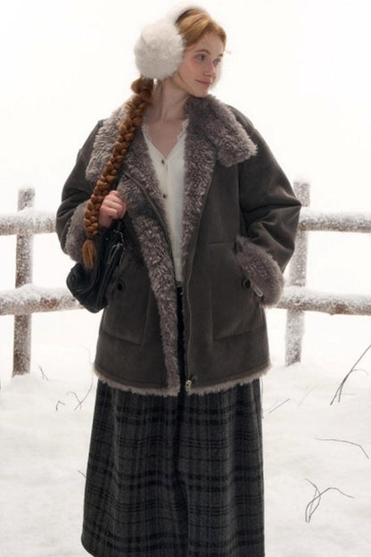 Reversible suede stand collar fur coat