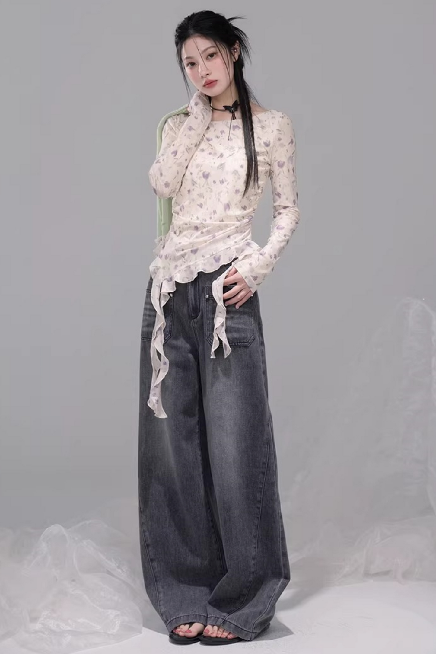 シアーアシメフローラルトップス