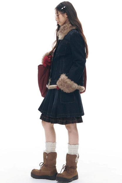ファーカラーデニムジャケット+スカート
