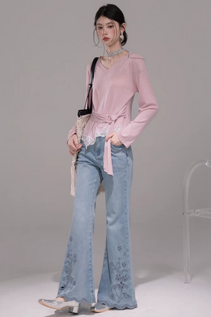 フローラルエンブロイダリーデニムブルーショートパンツ＋フレアロングパンツ